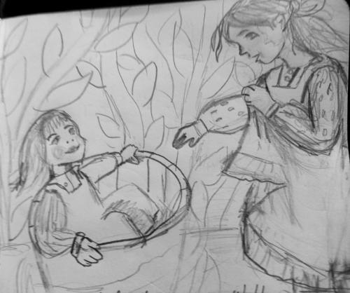 Madita und Pims, wie sie Moses im Schilf nachspielen. Abgezeichnetes Buchcover.